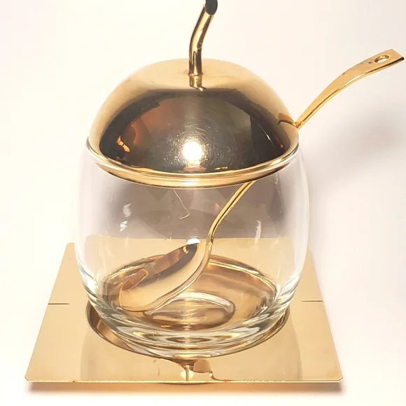 24k Gold Plated Vtg Glass Sugar Bowl with Spoon & Tray Apple Stem Lid Brass MCM - Picture 2 of 11